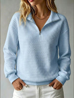Loose-fit Waffle-knit Stand-collar Zip-up Long-sleeve Womens Sweatshirt