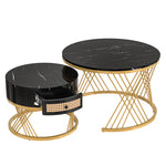 2 In 1 Round Coffee Table Made Of MDF With Marble Grain Veneer Top, Rattan Drawers And Solid Wood Handles. Gold Coloured Iron Legs. 70x70x45.5  50x50x38.5cm