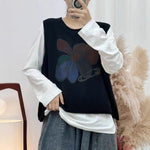 Womens Floral-Print Crew-Neck Loose-Fit Vintage Knitted Vest