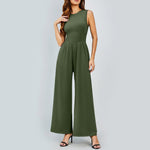 Womens Round-neck Solid-color Sleeveless Slim-fit Long Casual Jumpsuit