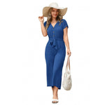 V-neck Fashionable Short-sleeve Belted Jumpsuit