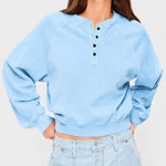 Womens Crew-neck Button-up Sweatshirt Loose-fit Casual Cropped Top