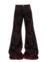 Dark Punk Red-and-black Distressed Flared Pants