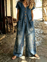 Buttoned Pockets Comfortable Short Sleeves Casual One-piece Wide-leg Jumpsuit