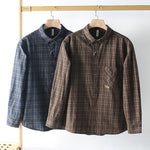 Mens Casual Long-sleeve Washed Cotton Plaid Shirt