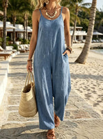 Womens Casual Resort-style Loose-fit Strap Solid-color Jumpsuit
