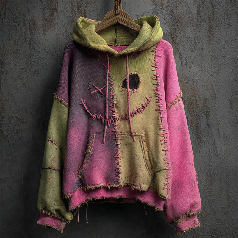 Printed Patchwork Hoodie Womens Loose-Fit Top
