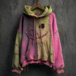 Printed Patchwork Hoodie Womens Loose-Fit Top