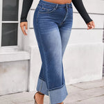Women's Cuffed Washed Wide-leg Cropped Jeans