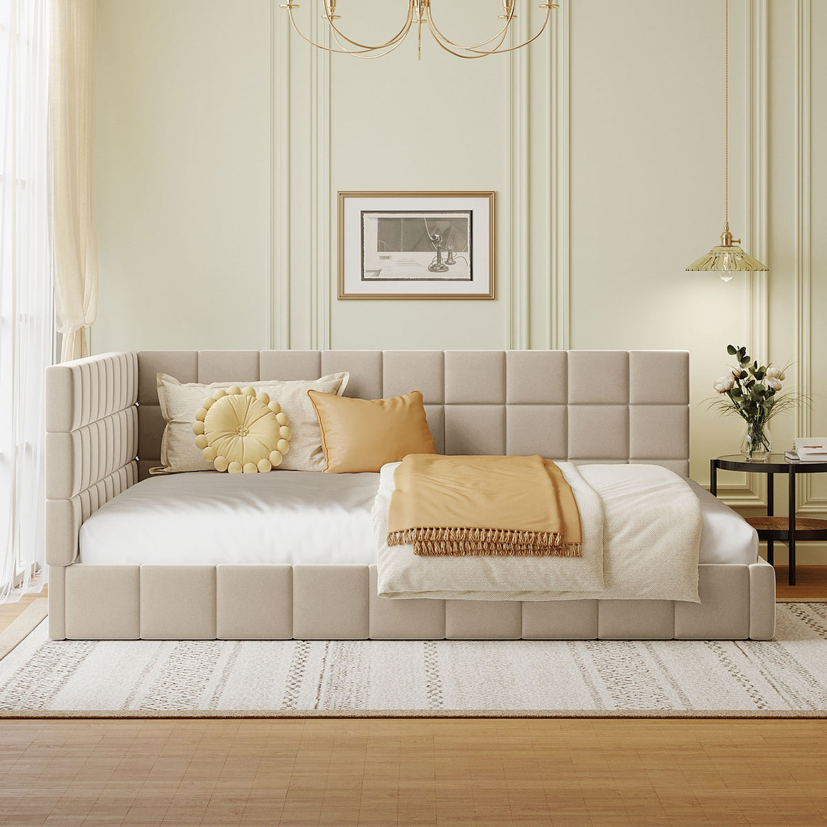 Full-size Upholstered Sofa Bed, Sofa Bed Frame - Beige, Velvet