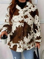 Women's Cow Print Button Plush Coat, New European & American Casual Fashion Hoodie