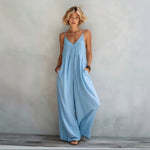 SpringSummer New Womens Solid-Color Cotton-Linen V-Neck Lace-Up Suspender Wide-Leg Jumpsuit