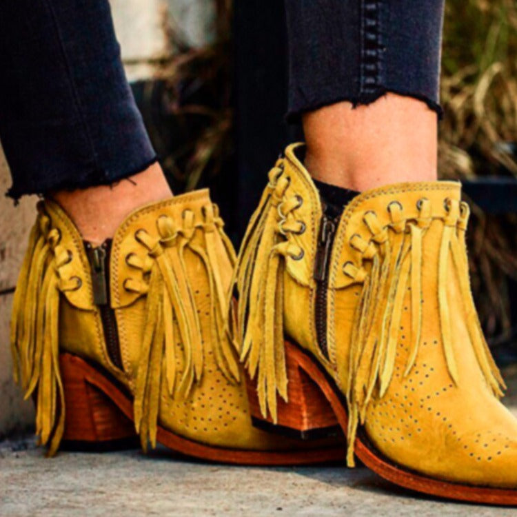Fashionable Tasseled Pointed-Toe Chunky-Heel Plus-Size Womens Ankle Boots