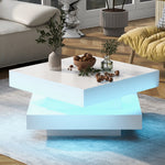 White Square High Gloss Coffee Table With 360 Rotating Top, Tea Table With 16-Color LED Light, 70x70x36 Cm