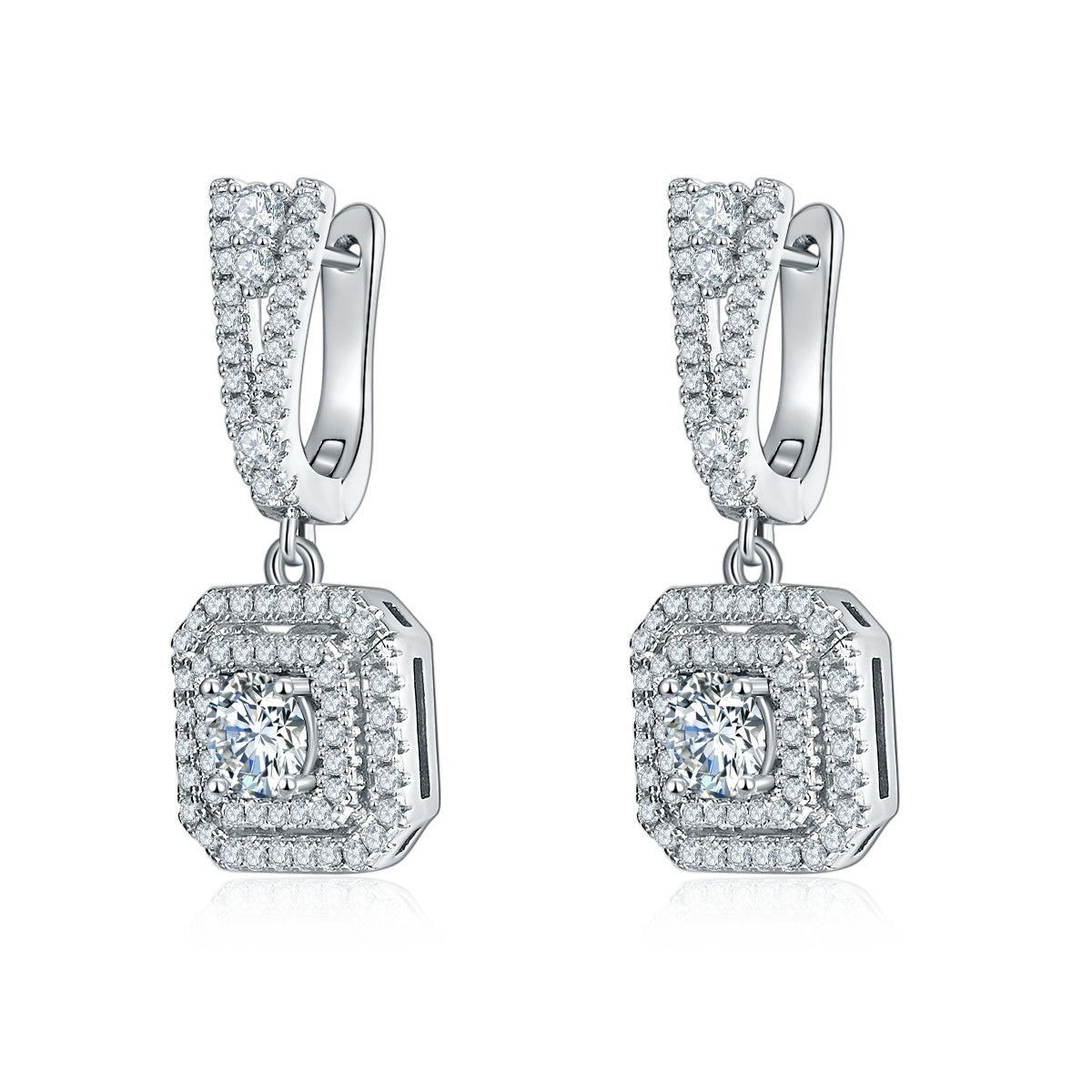 S925 Sterling Silver Double Halo Drop Earrings, 6.5mm D-VVS1 Moissanite, Platinum Plated 6.8g Women's Jewelry Gift Box