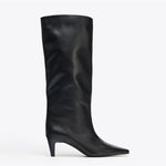 Large-calf High-heeled Riding Retro-style Knee-high Pointed-toe Tall Denim Boots