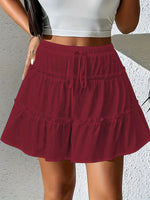 High Waist Drawstring Ruffle Tiered Mini Skirt With Liner, Casual A-Line Skort Sweet Cake Skirt Adjustable Tie Fake Two-piece Anti-Peek Skirt For Women