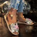 Womens Color-Block Floral Flat Sandals