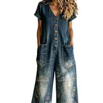Buttoned Pockets Comfortable Short Sleeves Casual One-piece Wide-leg Jumpsuit