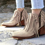 Fashionable Tasseled Pointed-Toe Chunky-Heel Plus-Size Womens Ankle Boots