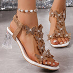 Womens Chunky-heel Crystal High-heeled Butterfly Sandals