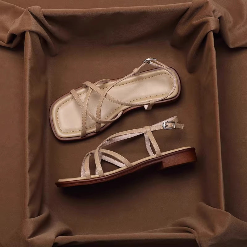 Retro-style Leather Open-toe Sandals With Crisscross Straps