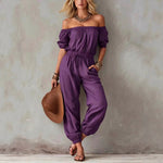 Off-shoulder Waist-cinching Lace-up Relaxed-fit Casual Jumpsuit