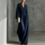 Womens V-neck Long-sleeve Relaxed-fit Wide-leg Jumpsuit