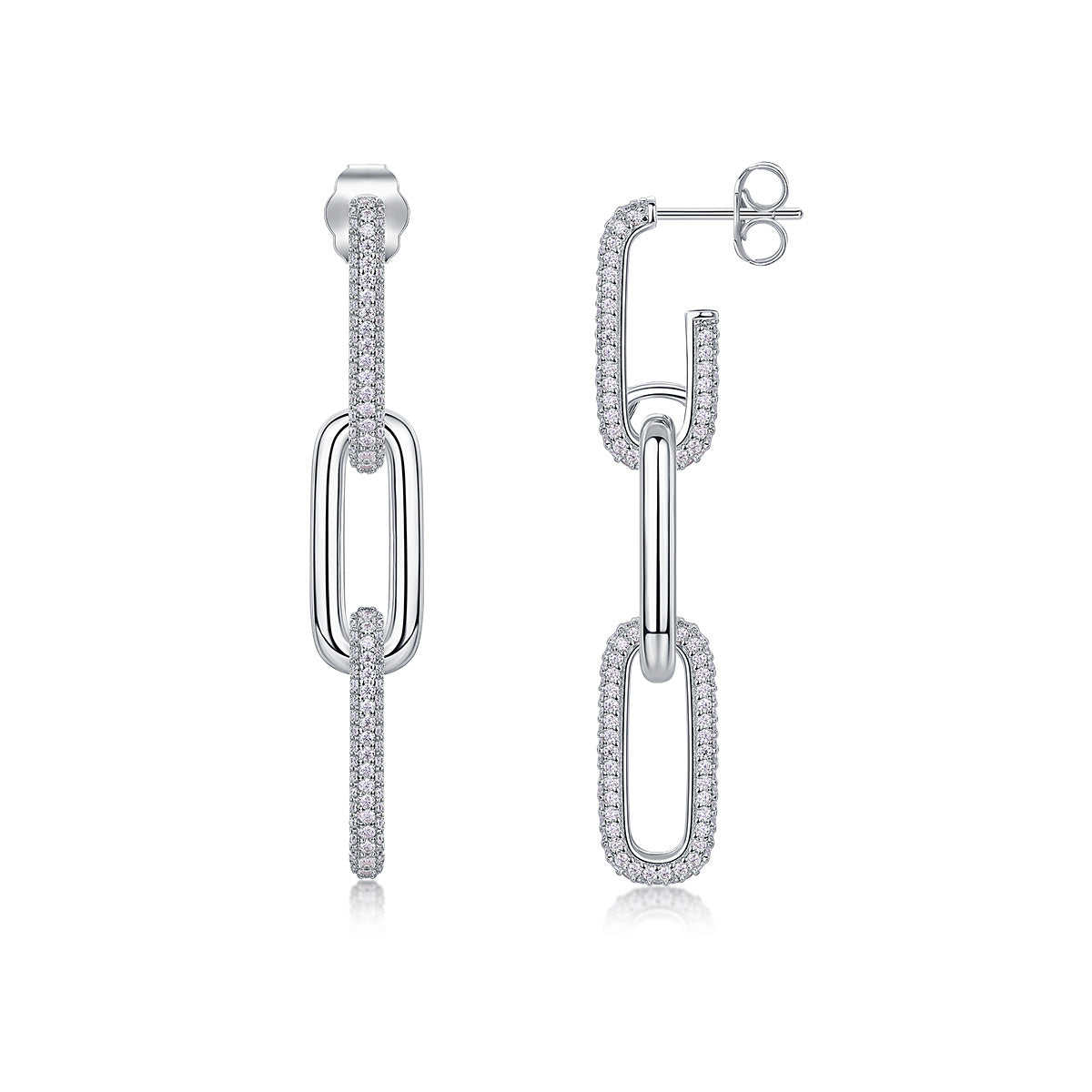S925 Sterling Silver Chunky Chain Drop Earrings, D-VVS1 Moissanite Pave, Platinum Plated 9.2g Women's Jewelry Gift Box