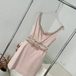 Blush Tone Sleeveless Rhinestone Collar Bow Waist Bridesmaid Cocktail Dress