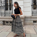 Striped-print Pleated Elegant A-line Skirt