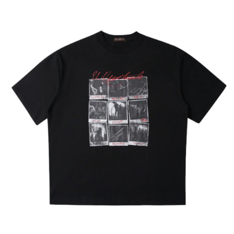 Personalized Nine-Grid Print Short-Sleeve T-Shirt Mens Loose-Fit Casual Crew-Neck Top