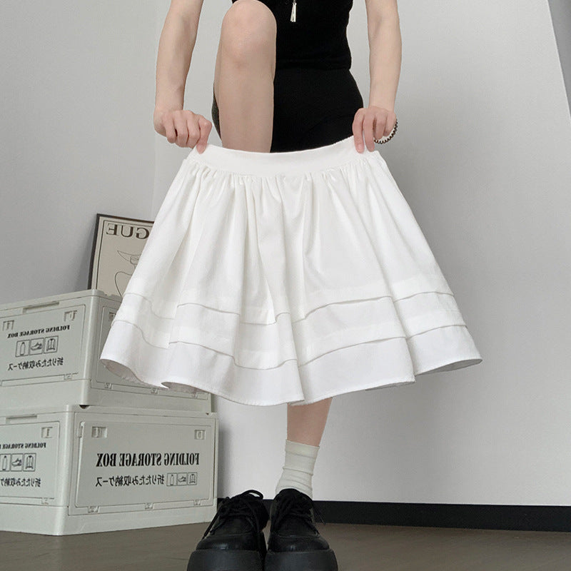 SpringSummer Preppy-Style Commuter All-Match Pleated Tiered Skirt