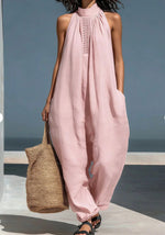 Women's Solid Color Stand-up Collar Sleeveless Casual Loose Jumpsuit