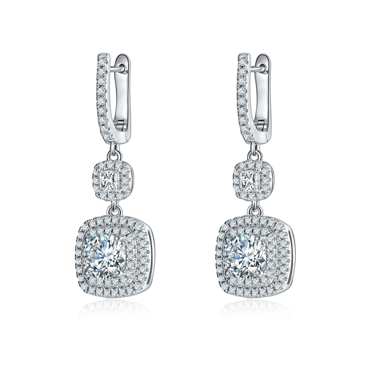 S925 Sterling Silver Cushion Double Halo Drop Earrings, 1ct D-VVS1 Moissanite, Platinum Plated 6.6g Women's Jewelry Gift Box