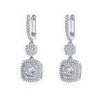 S925 Sterling Silver Cushion Double Halo Drop Earrings, 1ct D-VVS1 Moissanite, Platinum Plated 6.6g Women's Jewelry Gift Box