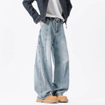 Retro Pleated Washed Denim Jeans Mens Straight-Leg Loose-Fit