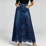 Washed Denim Lace-Panel Long Bodycon Skirt