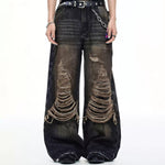 American-style Vintage Denim Womens Winter Workwear Wide-leg Casual Pants
