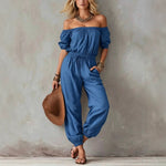 Off-shoulder Waist-cinching Lace-up Relaxed-fit Casual Jumpsuit