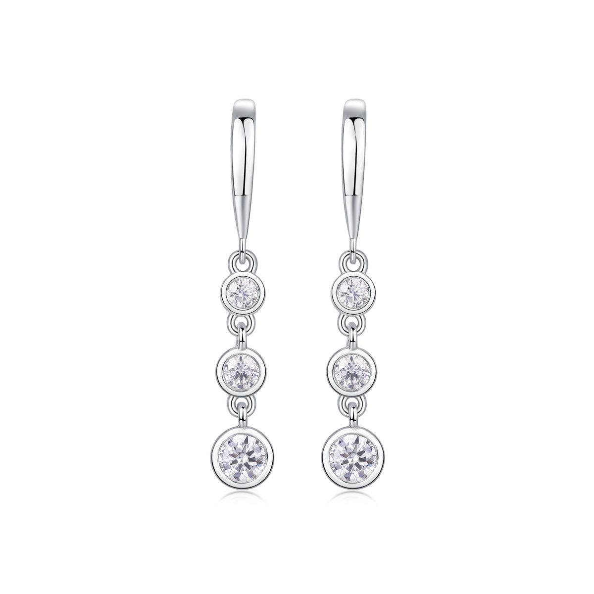 S925 Sterling Silver Three-Stone Drop Earrings, D-VVS1 Moissanite Bezel-Set Dangle, Platinum Plated 1.8g Women's Jewelry Gift Box