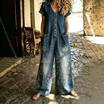 Buttoned Pockets Comfortable Short Sleeves Casual One-piece Wide-leg Jumpsuit