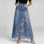 Washed Denim Lace-Panel Long Bodycon Skirt