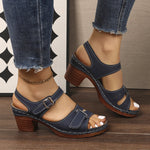 Summer New Solid-color Peep-toe Sandals With A Strap-and-buckle Design And A Chunky Heel