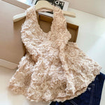 Halter-neck Off-shoulder Top With Three-dimensional Floral Design For Women