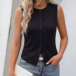 Black Button-Down Sleeveless Crew-Neck Slim-Fit Summer Thin Outerwear Vest For Women