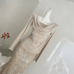 Women's Champagne Gold Sequin Two-Piece Evening Gown Set Ruched Top Mermaid Skirt Formal Party Dress