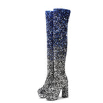 Sequin Gradient Round-Toe Side-Zip Chunky Heel Over-the-Knee Womens Boots