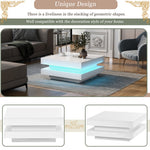 White Square High Gloss Coffee Table With 360 Rotating Top, Tea Table With 16-Color LED Light, 70x70x36 Cm