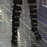 Hot-stone-embellished Skull-toe Studded Pointed-toe Over-the-knee Boots